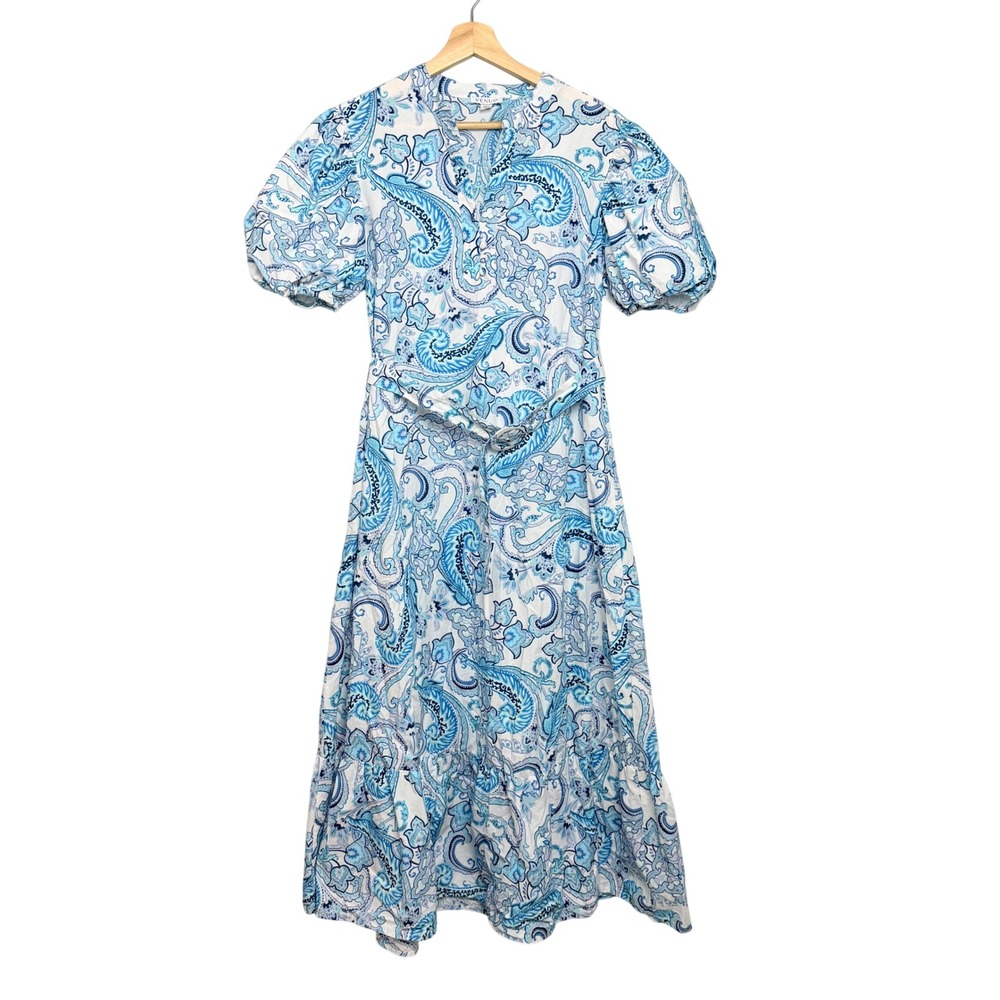 Venus Blue White Paisley Cotton Midi Dress Puff Sleeve Belted Small Z27568-1574